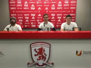 (L to R) Alan Aspden, Kristian Hunt and Luke Walker at Middlesbrough's Riverside Stadium during their 92 in 92 challenge.